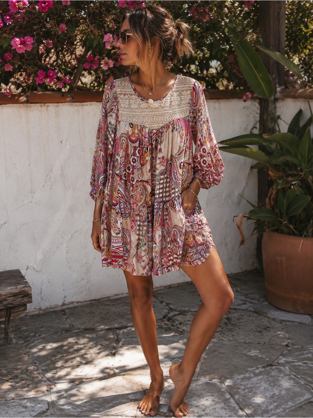 Umgee Paisley Lace 3/4 Sleeve Mini Dress S Babydoll Peasant Boho Cottagecore